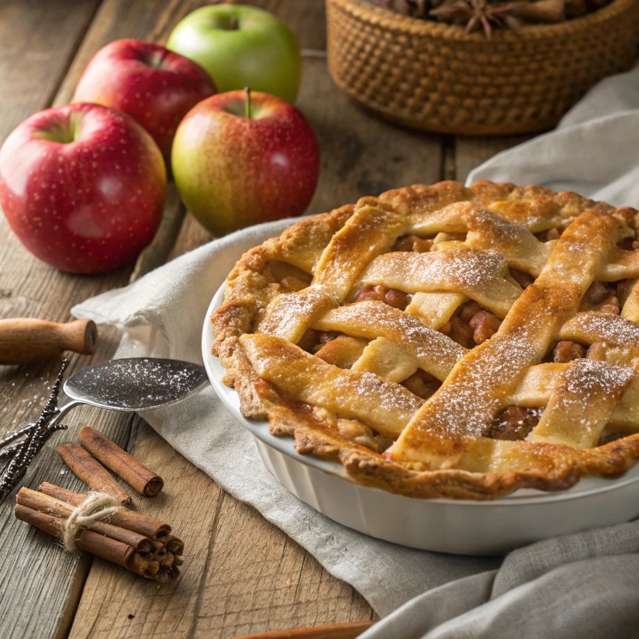 close up of a golden homemade apple pie with flaky 1