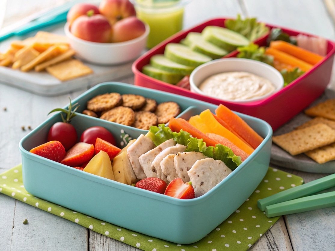 close up of colorful healthy lunch boxes filled wi
