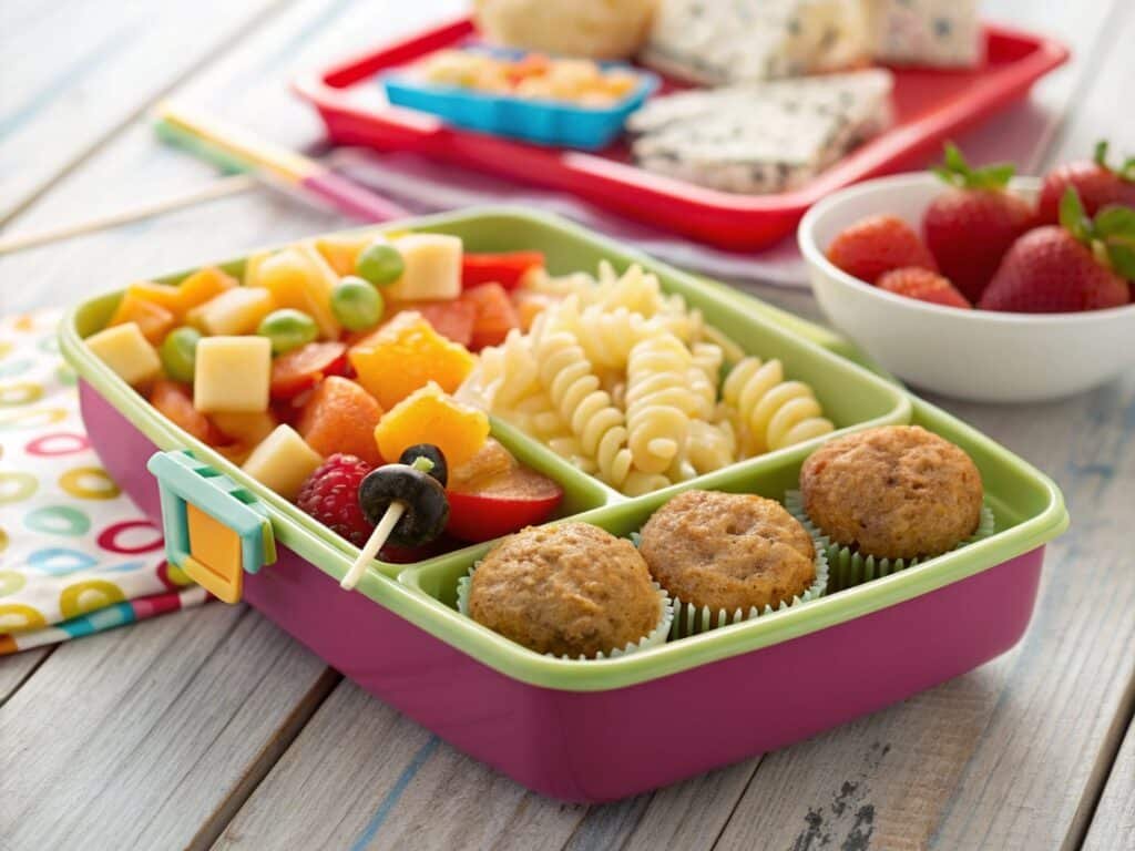 close up of colorful kids lunchbox filled with pas 1