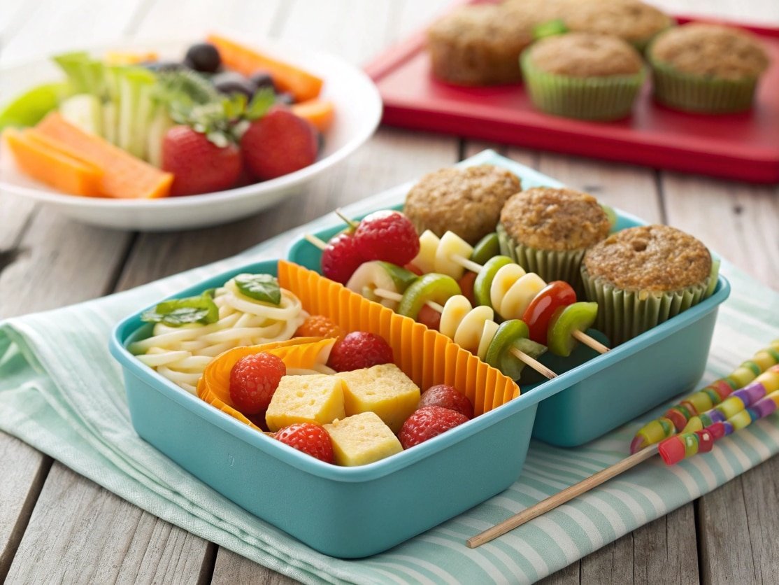 close up of colorful kids lunchbox filled with pas