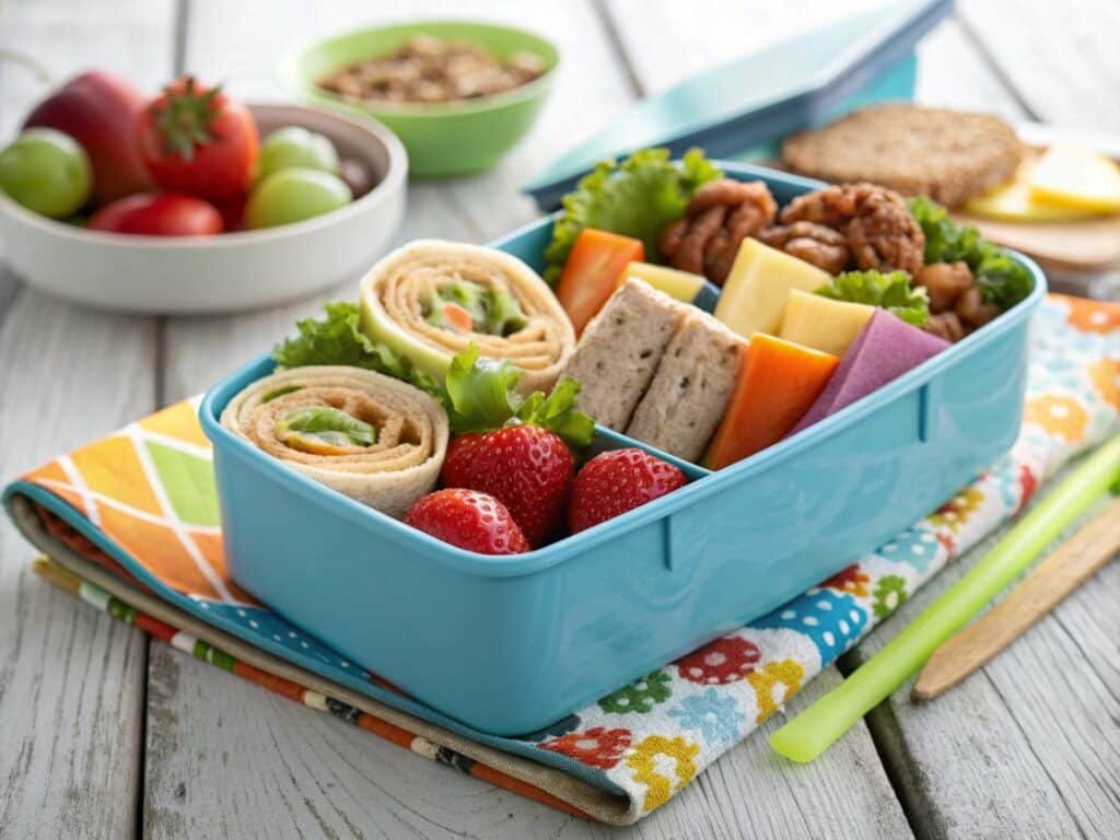 close up of colorful school lunchbox with fresh fr