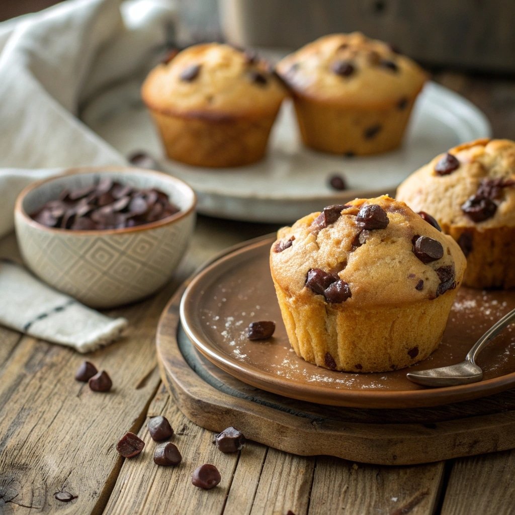 close up of golden chocolate chip muffins soft mo