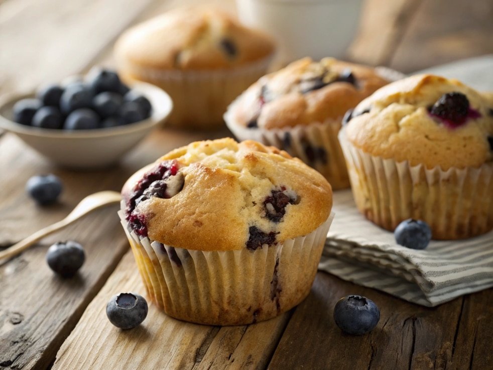 close up of golden classic blueberry muffins slig