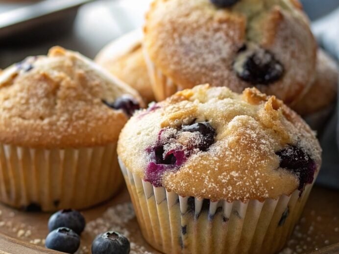 close up of golden easy homemade blueberry muffins edited