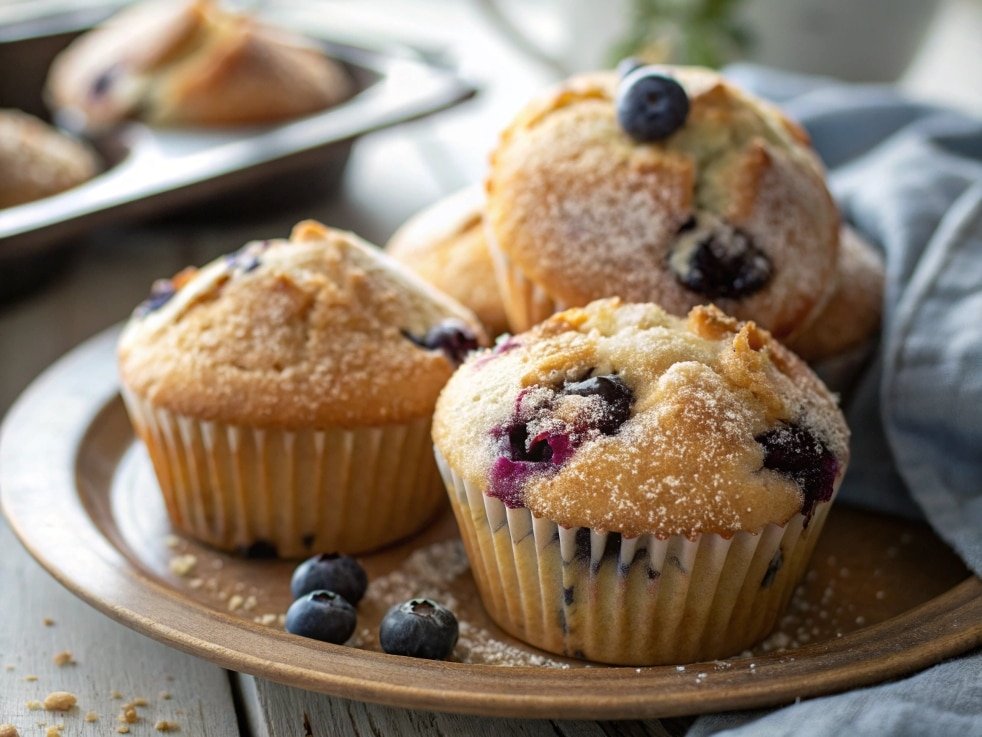 close up of golden easy homemade blueberry muffins