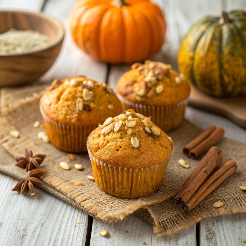 close up of golden homemade pumpkin muffins on a r