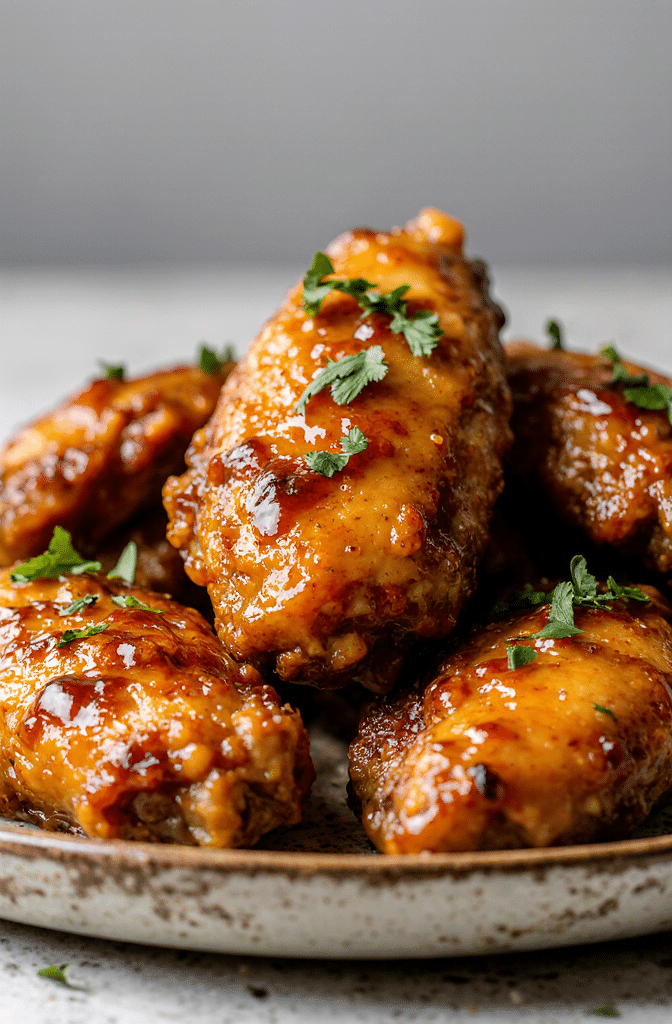 Close-up of a freshly made Crispy Air Fryer Chicken Wings in 20 Minutes served on a rustic ceramic platter, wings coated in golden crispy skin with garlic parmesan, buffalo glaze, and BBQ sauce varieties, garnished with herbs, soft natural farmhouse light, shallow depth of field,