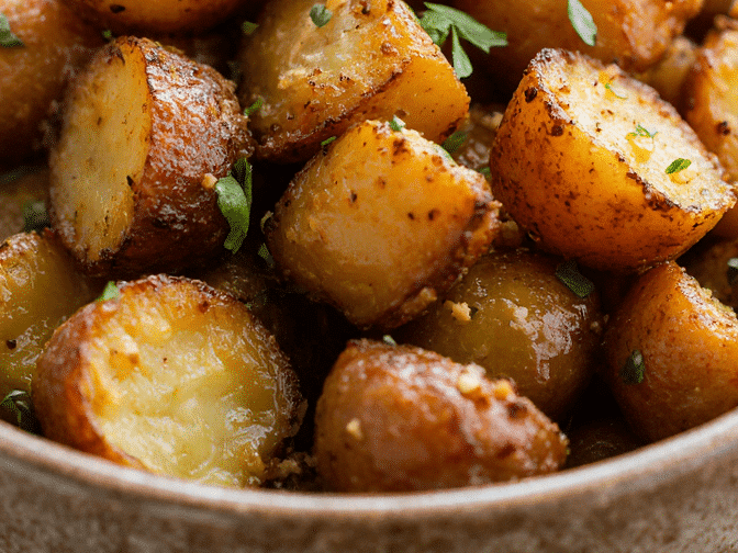 Close-up of golden, crispy air fryer potatoes in a ceramic bowl, garnished with parsley, bathed in natural farmhouse kitchen light.