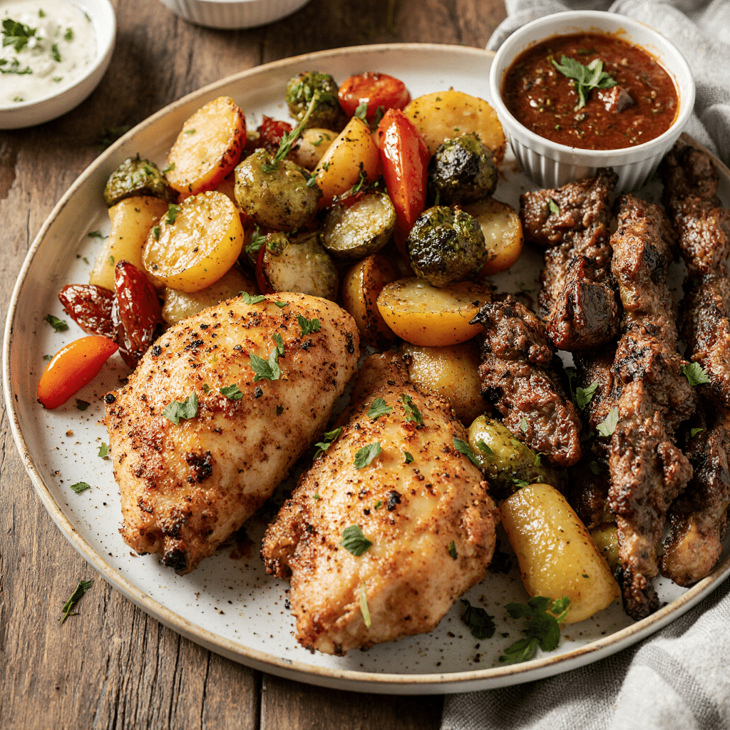 A variety of air fryer dinners including crispy chicken, roasted vegetables, and beef skewers, served on rustic plates for an easy family dinner.