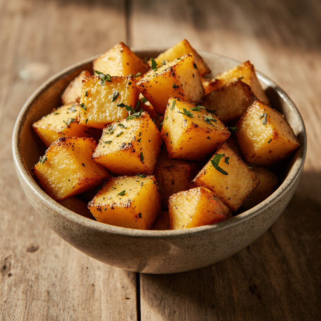 close up of air fryer sweet potato cubes in a rustic ceramic bowl vibrant golden edges sprinkled wi uzglsvmby2ejfzlz6s0i 3