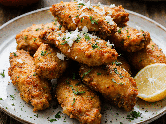 Crispy golden air fryer chicken wings on a rustic platter, coated in garlic parmesan, buffalo, and BBQ sauces, garnished with fresh herbs under warm farmhouse lighting.