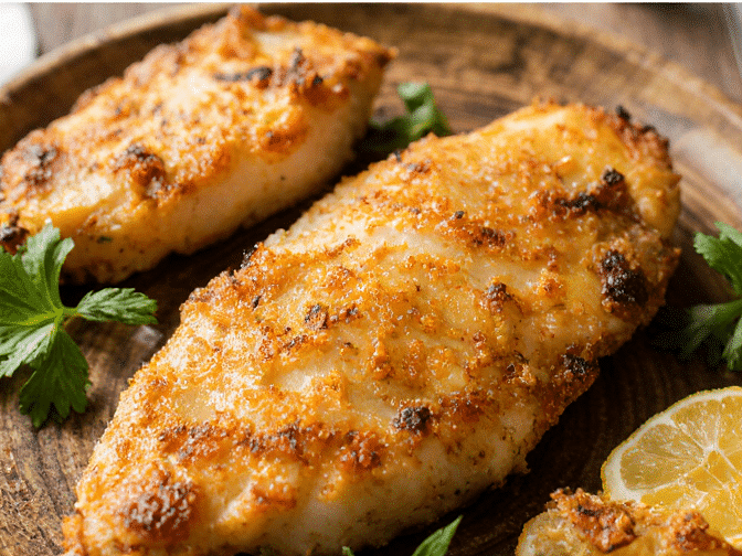 Juicy air fryer chicken breast sliced on a rustic ceramic plate, golden and tender, garnished with fresh herbs and served with colorful veggies in soft natural farmhouse lighting.
