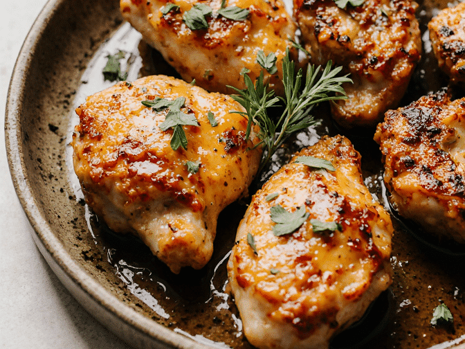 Golden crispy air fryer chicken thighs served on a rustic plate with garlic butter glaze, fresh herbs, and a side of dipping sauce.