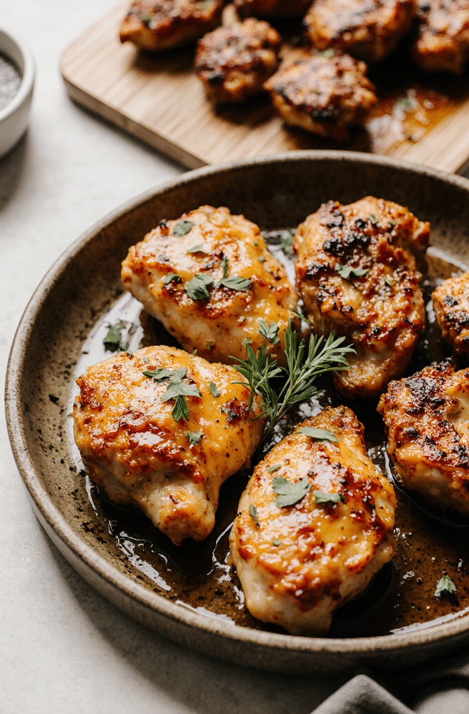 Golden crispy air fryer chicken thighs served on a rustic plate with garlic butter glaze, fresh herbs, and a side of dipping sauce.
