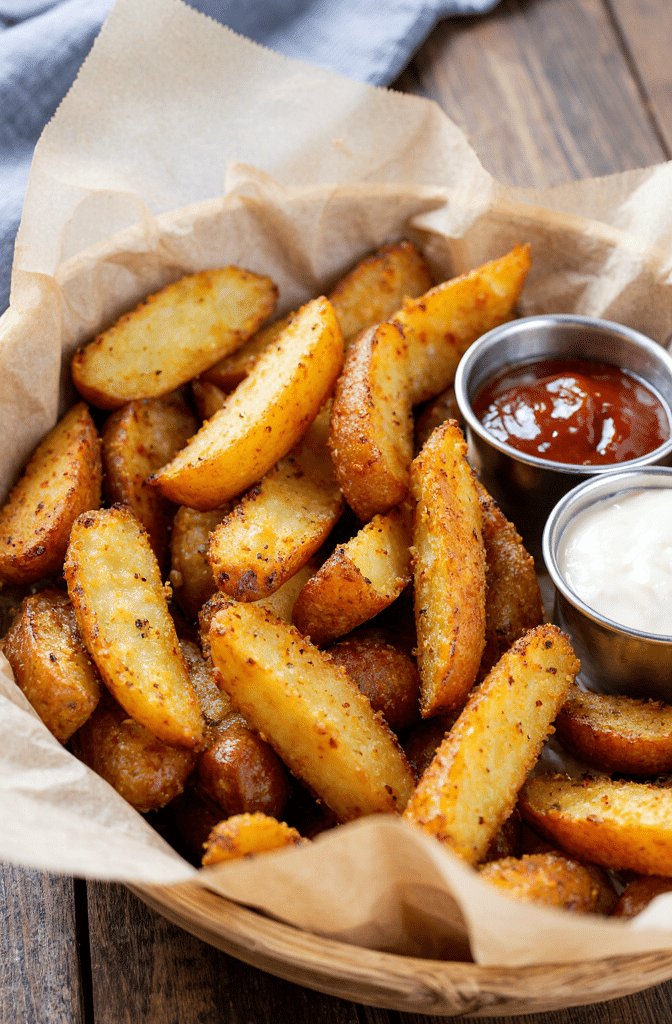 Golden crispy potato wedges and french fries cooked in the air fryer, served in a rustic basket with fresh herbs and dipping sauces.