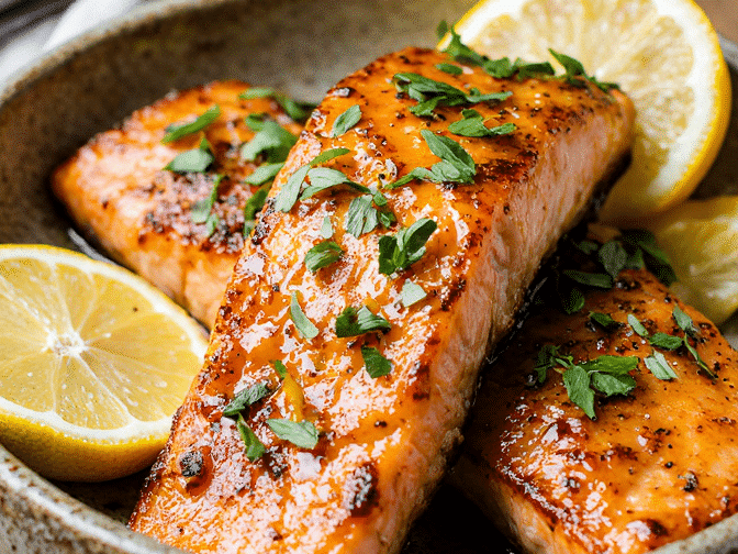 Air Fryer Salmon Ideas fillet with a golden glaze, topped with lemon slices and garlic, served on a rustic ceramic plate with fresh herbs, glowing under soft natural farmhouse light.