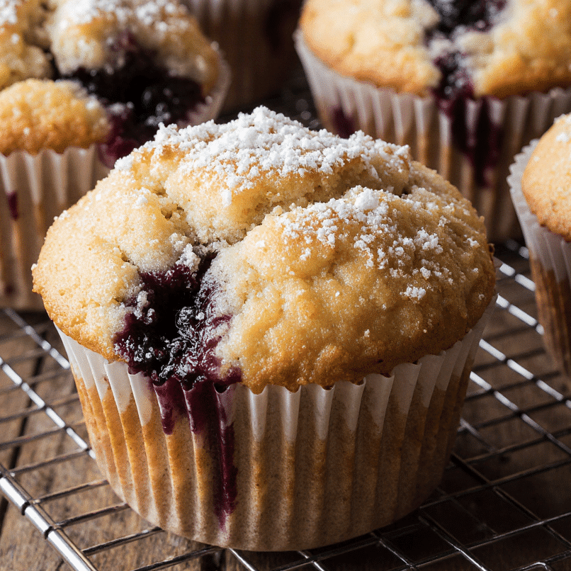 close up of golden bakery style blueberry muffins cooling on a rustic wooden table tall domed tops m3murjx91f6o62x12rdz 2 edited
