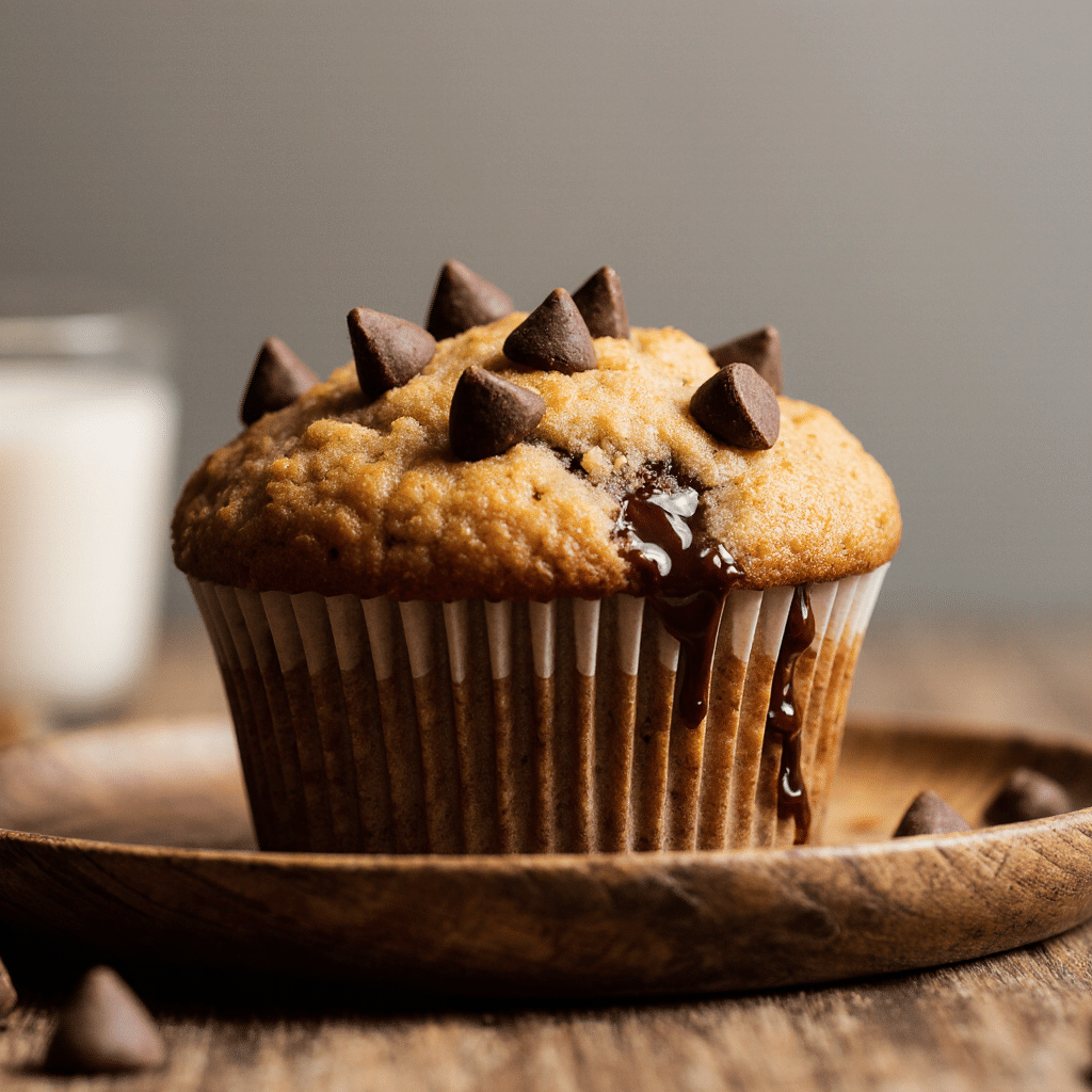 close up of irresistible chocolate chip banana muffin on a rustic wooden plate melty chocolate chip sjo3c7l7q7yyhwfcft87 3