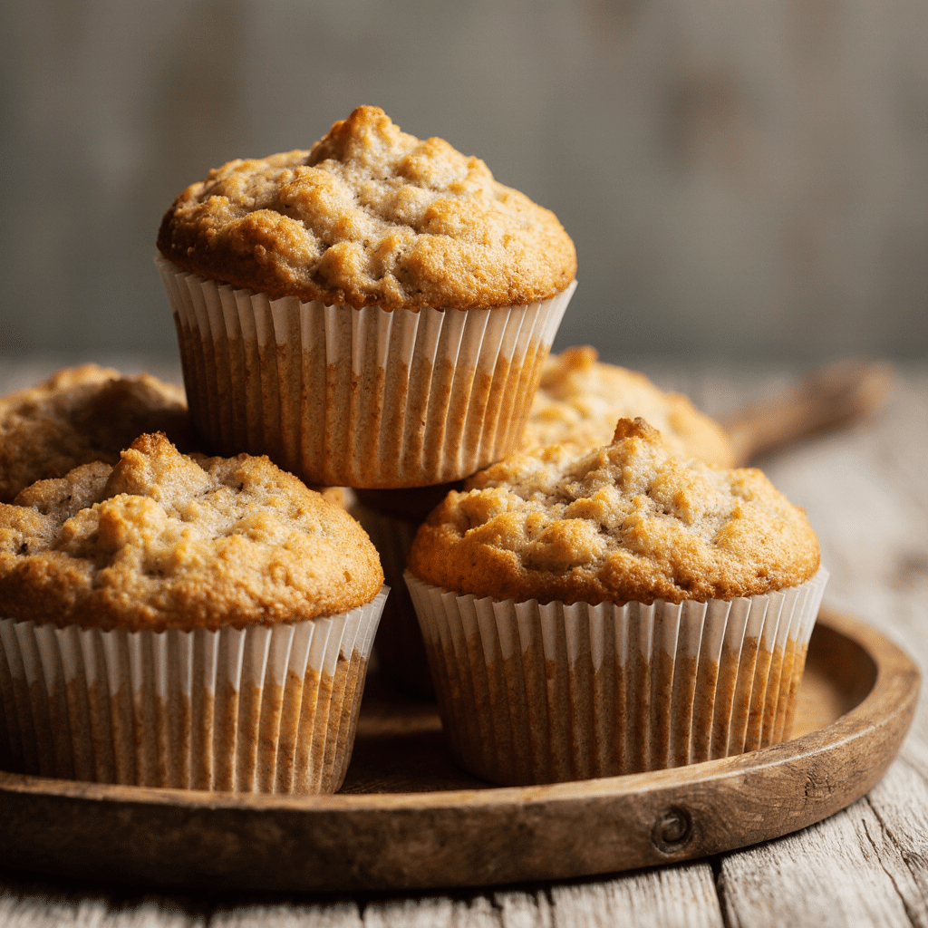 close up of soft and fluffy banana muffins stacked on a rustic wooden plate golden tops moist crumb kq4uli9dqoldwmqknqrz 3