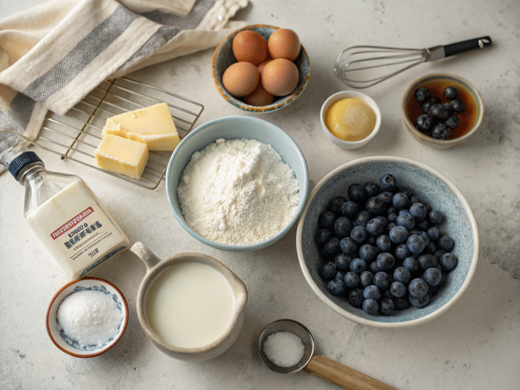 flat lay of blueberry muffin ingredients arranged