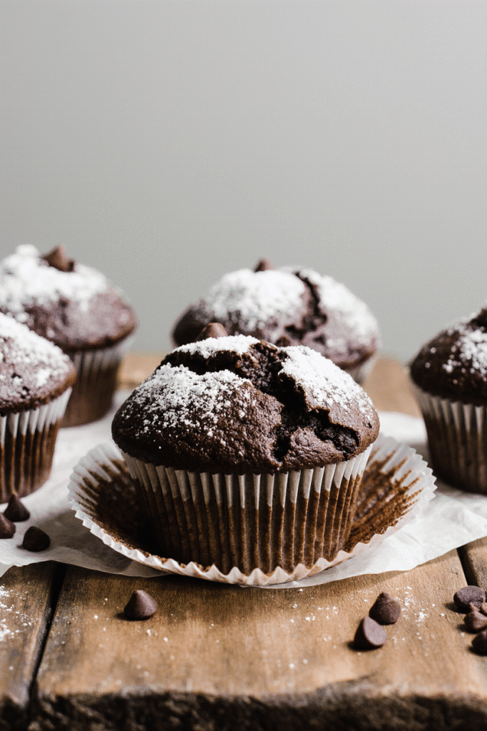 super moist sugar topped chocolate muffins on rustic wooden table melty chocolate chips tender crum un1vxembqstynpnj0lxe 3