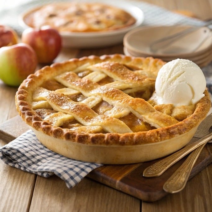 ultra zoom close up of a golden baked apple pie wi