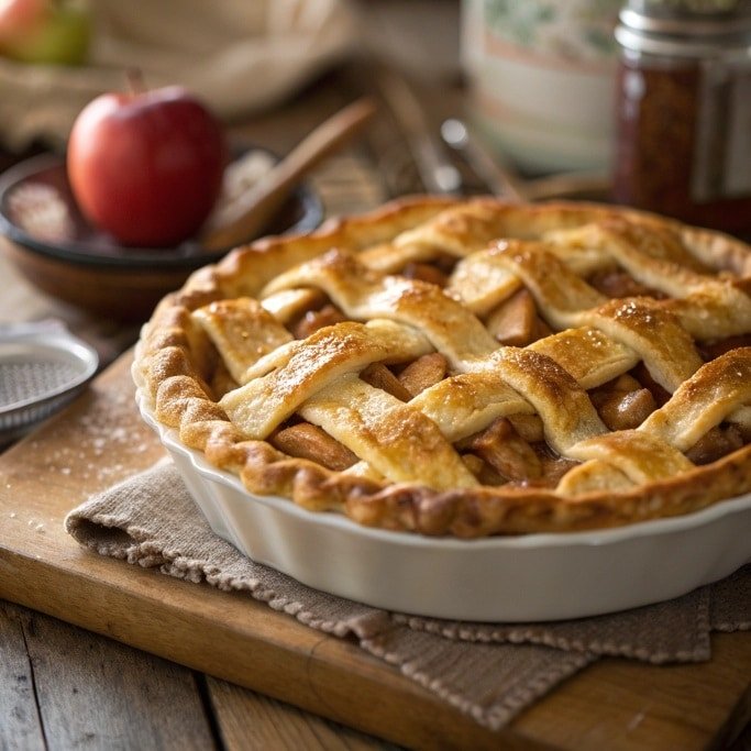ultra zoom close up of a golden classic apple pie