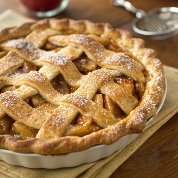 ultra zoom close up of a golden homemade apple pie 1
