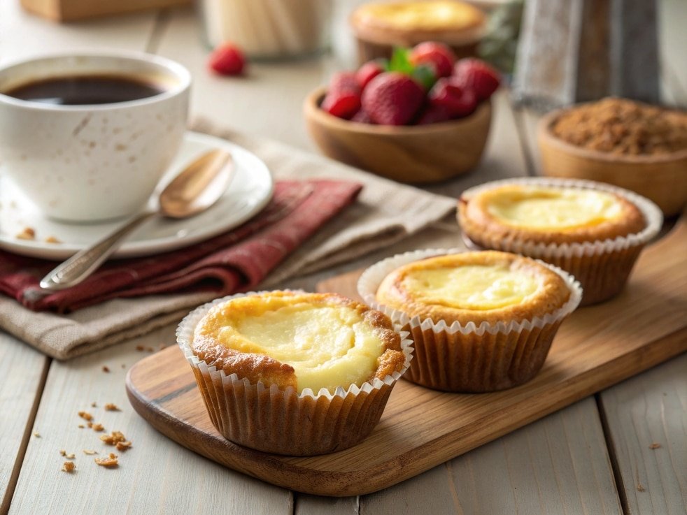 ultra zoom close up of golden cheesecake muffins w 1