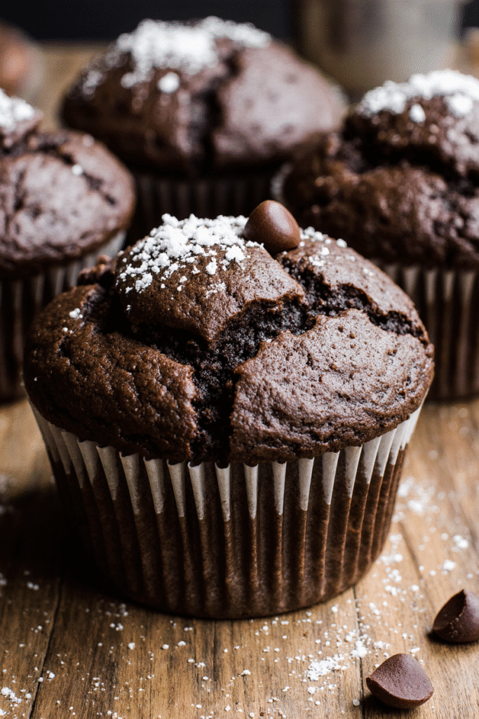 ultra zoom close up of super moist chocolate muffins cracked domed tops with melted chocolate chips vw71qs3naevkug3d8gu6 0