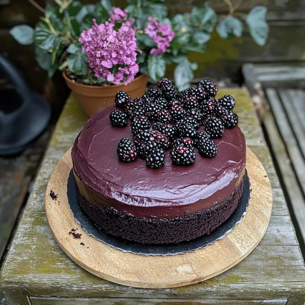 Blackberry Velvet Gothic Cake with dark, lush layers and a garnish of blackberries