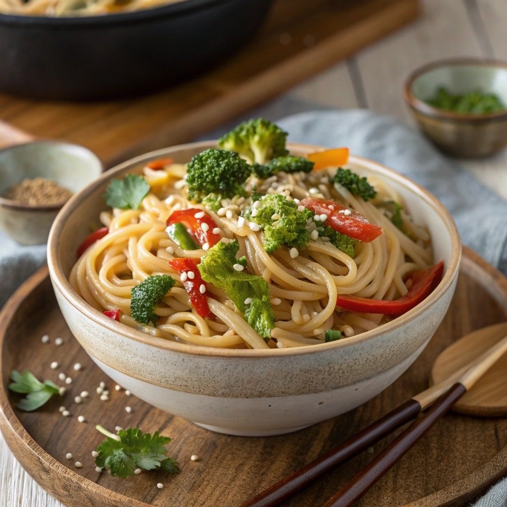 vegan garlic noodles are a delightful dish that br