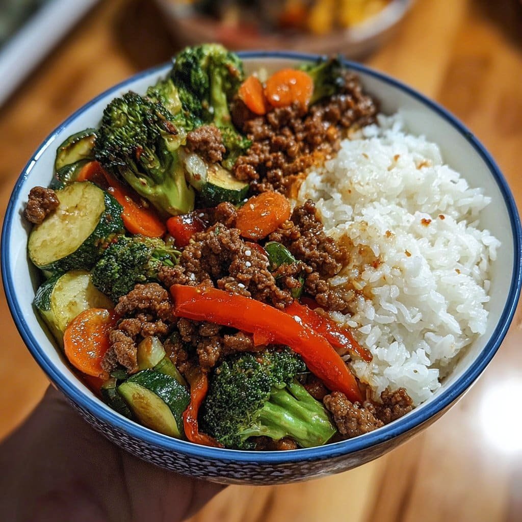 Spicy Ground Beef Stir-Fry Bowl with Garlic Veggies & Steamy Rice