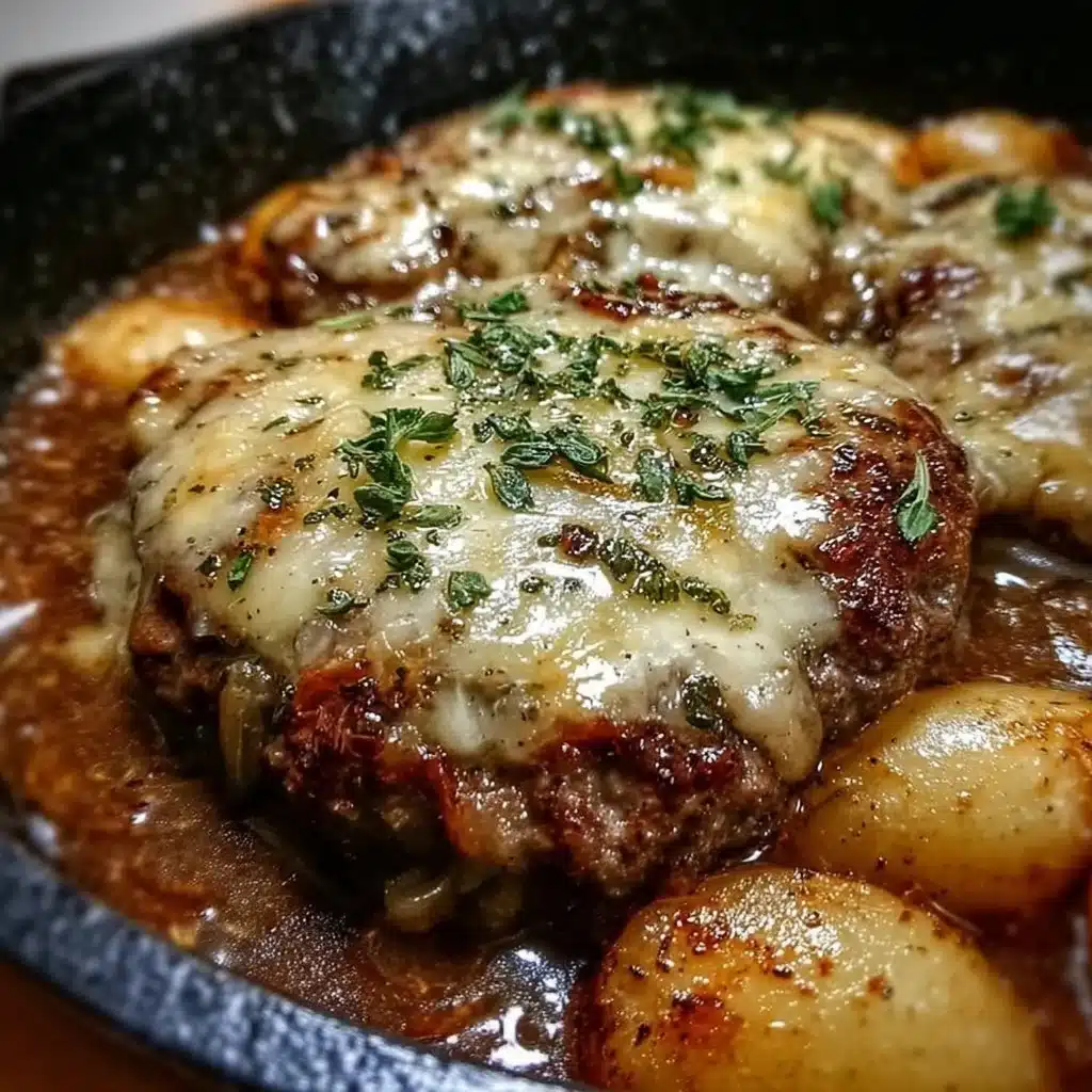 Amish Hamburger Steak Bake topped with savory gravy and served with sides