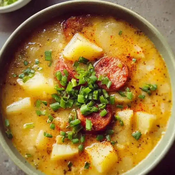Cajun Potato Soup 1 Bowl of spicy Cajun Potato Soup with garnishes on a wooden table