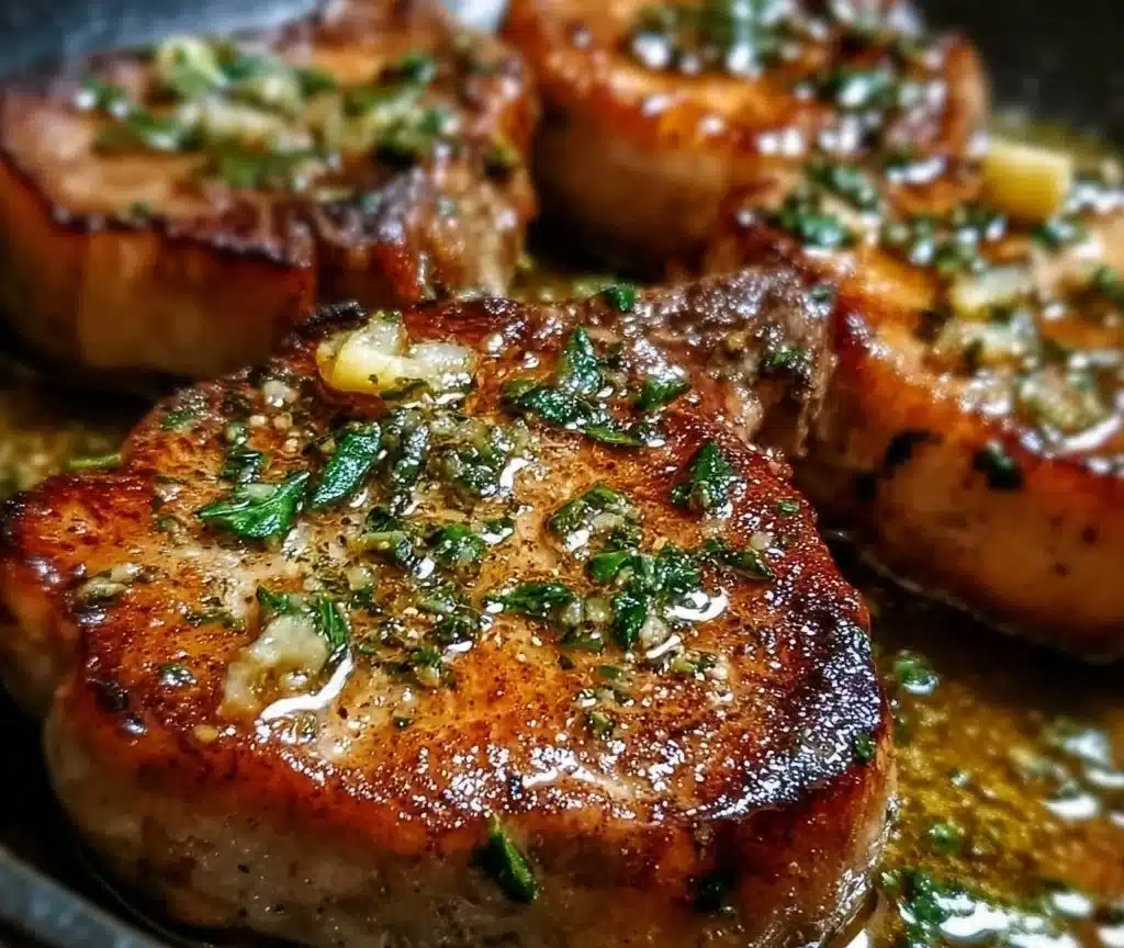 Garlic butter pan-seared pork chops with fresh herbs on a plate.