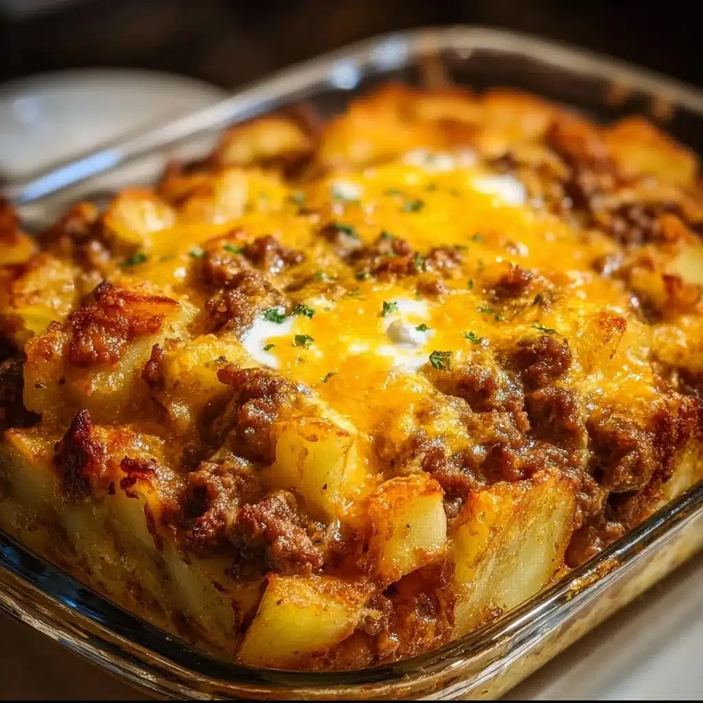Delicious ground beef and potatoes casserole, a hearty comfort food dish.