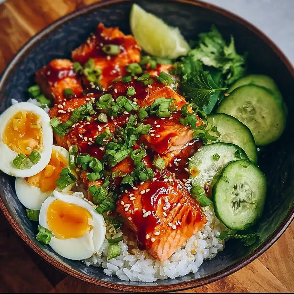 Honey Sriracha Salmon Bowl with vibrant vegetables and rice.