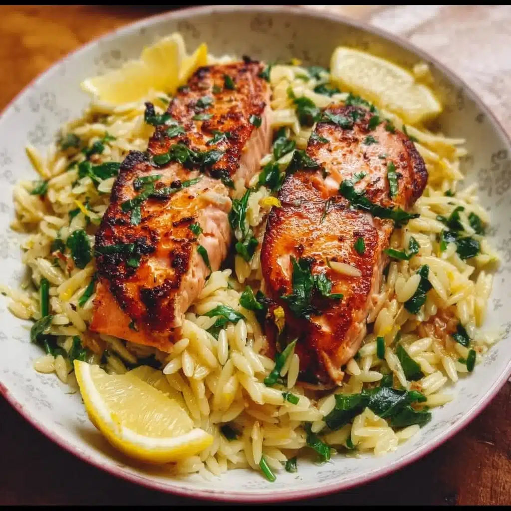 Lemon Orzo served with seared salmon on a white plate, garnished with herbs.