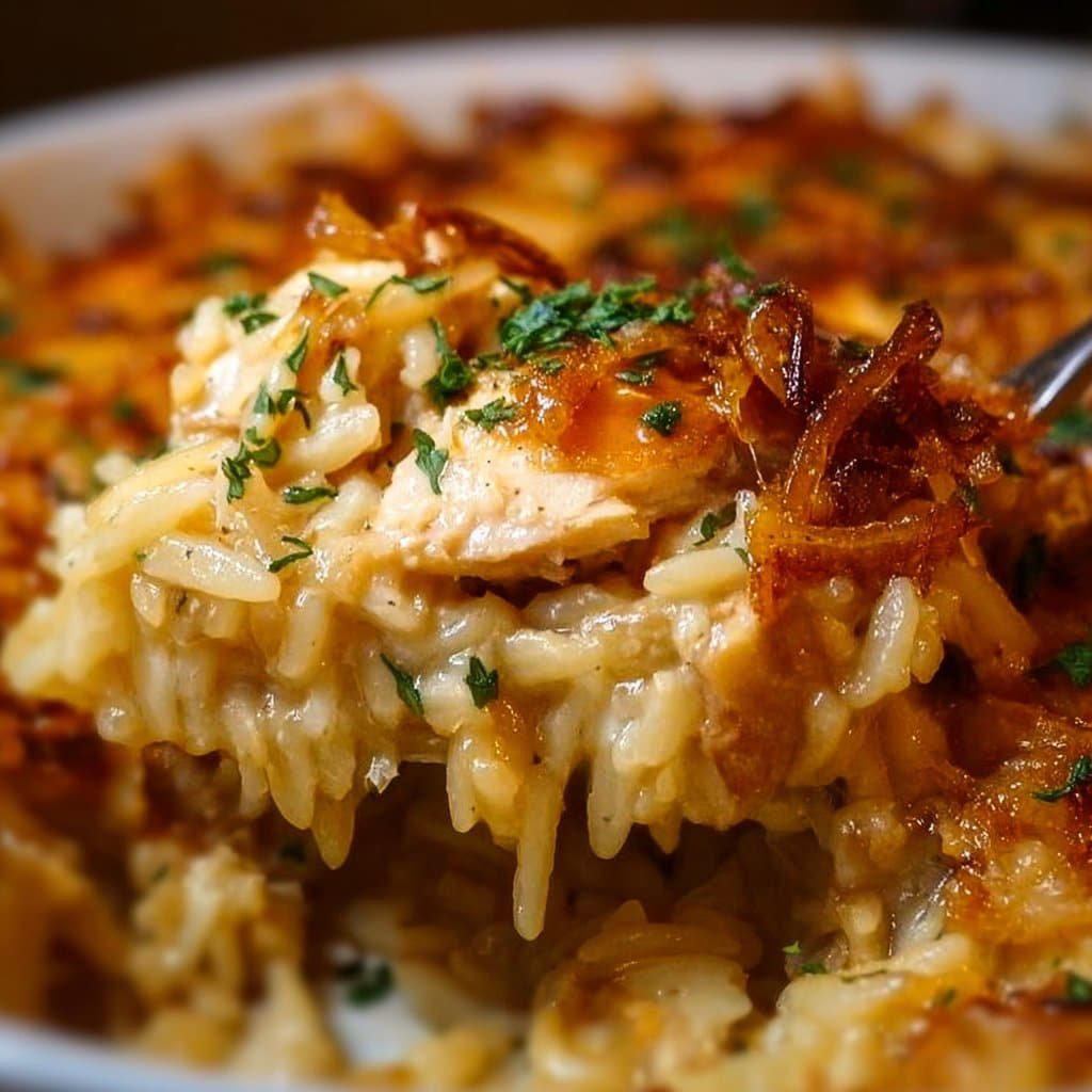 French Onion Chicken Orzo Casserole