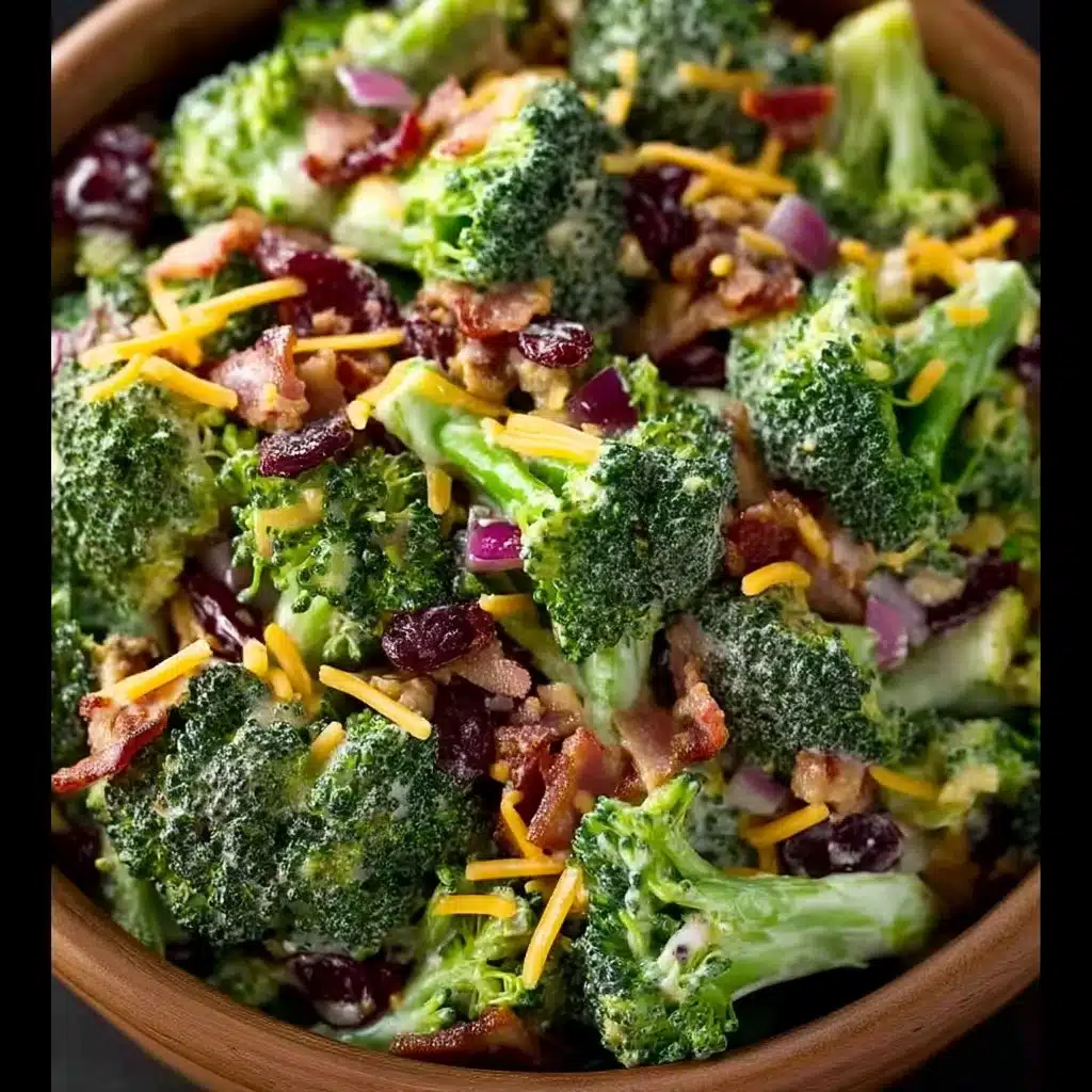 Bowl of Broccoli Salad with Bacon, showcasing vibrant greens and crispy bacon pieces.