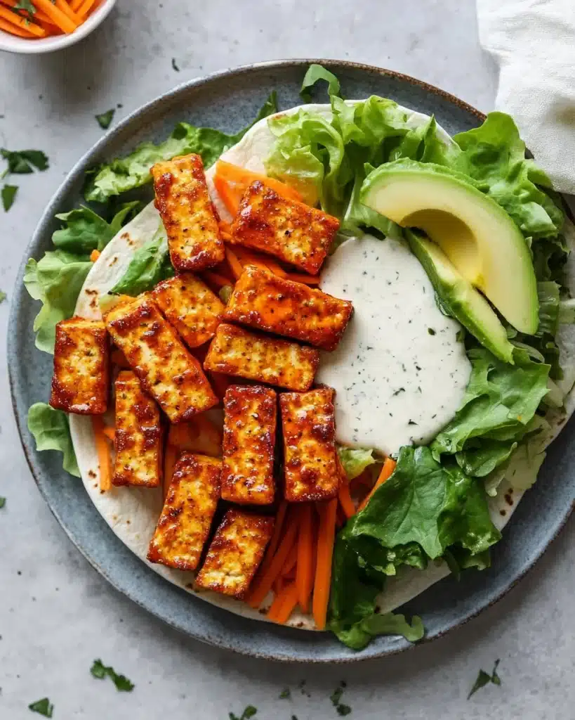 Buffalo Tofu Wrap served with vegan ranch dressing on the side
