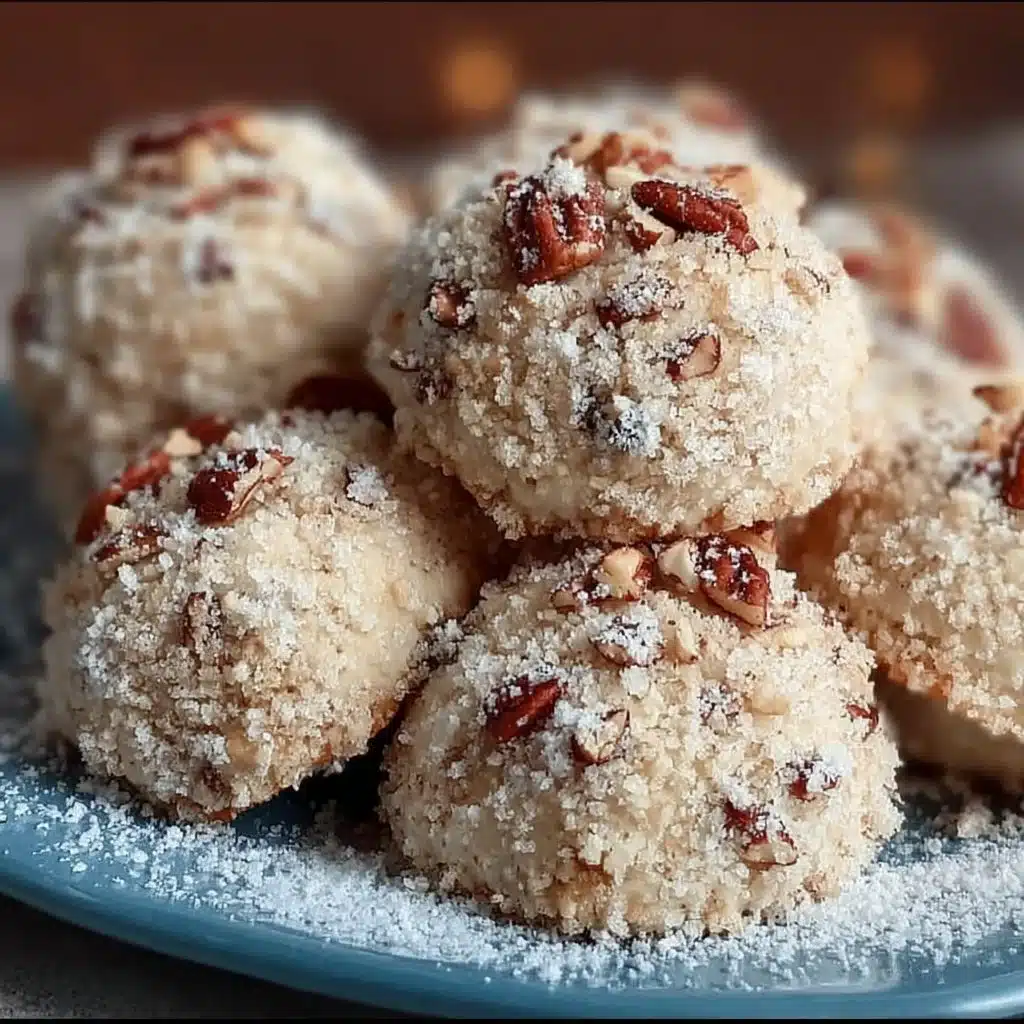 Buttery pecan snowball cookies dusted with powdered sugar on a plate