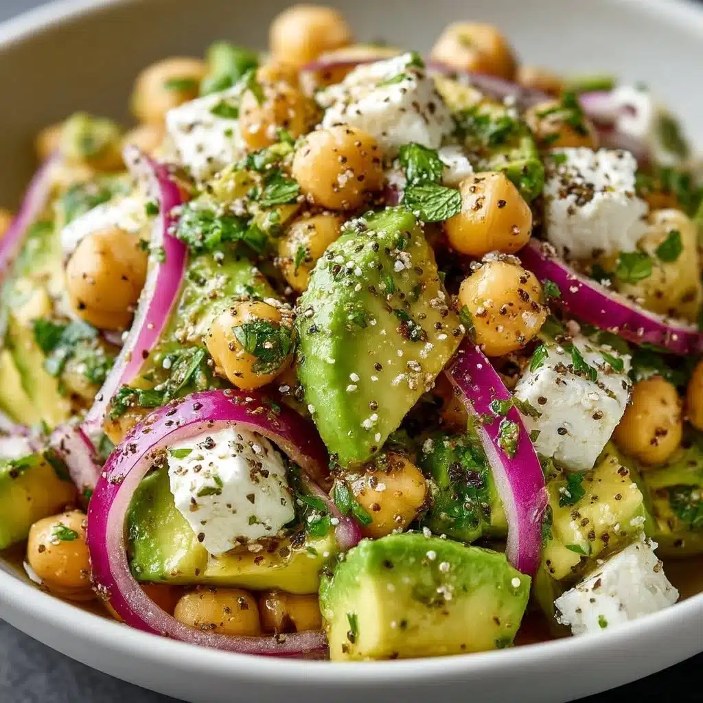 Chickpea Feta Avocado Salad with fresh ingredients in a bowl