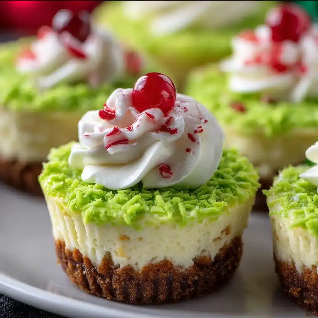 Festive Grinch mini cheesecakes topped with green frosting and candy decorations.