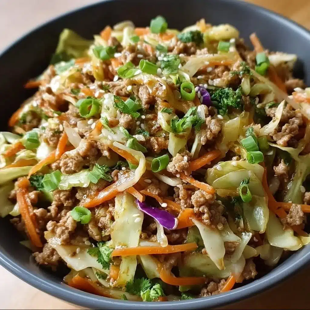 Delicious high protein egg roll in a bowl featuring fresh vegetables and protein.