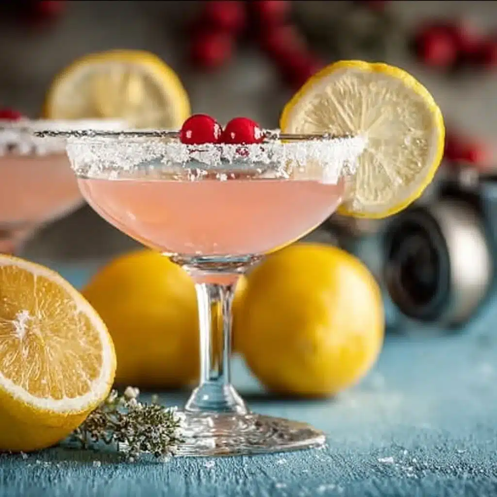 Holiday Lemon Drop Cocktail 1 Refreshing Holiday Lemon Drop Cocktail garnished with lemon slices and sugar rim.