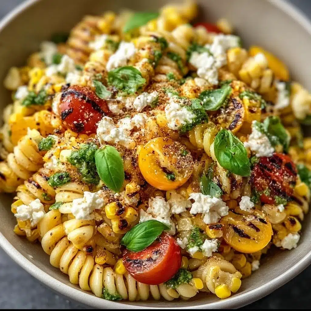 Colorful Juicy Street Corn Pasta Salad with fresh vegetables and dressing