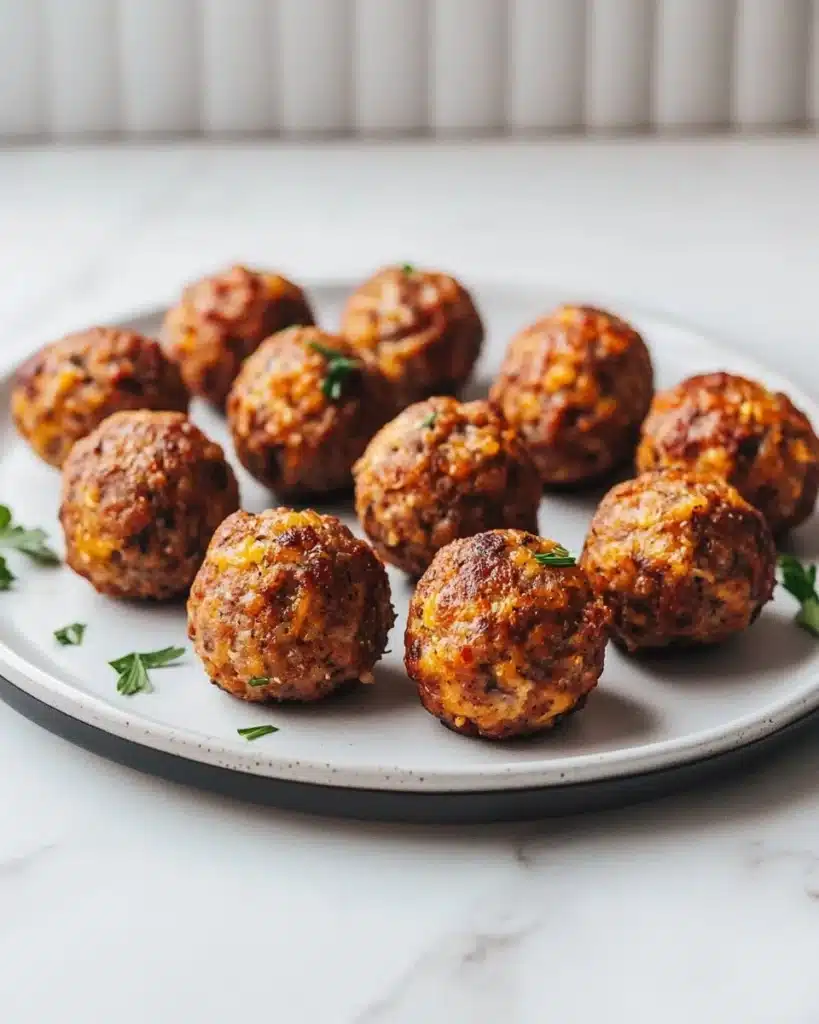 Keto cream cheese sausage balls on a plate, ready to enjoy as a low-carb snack.