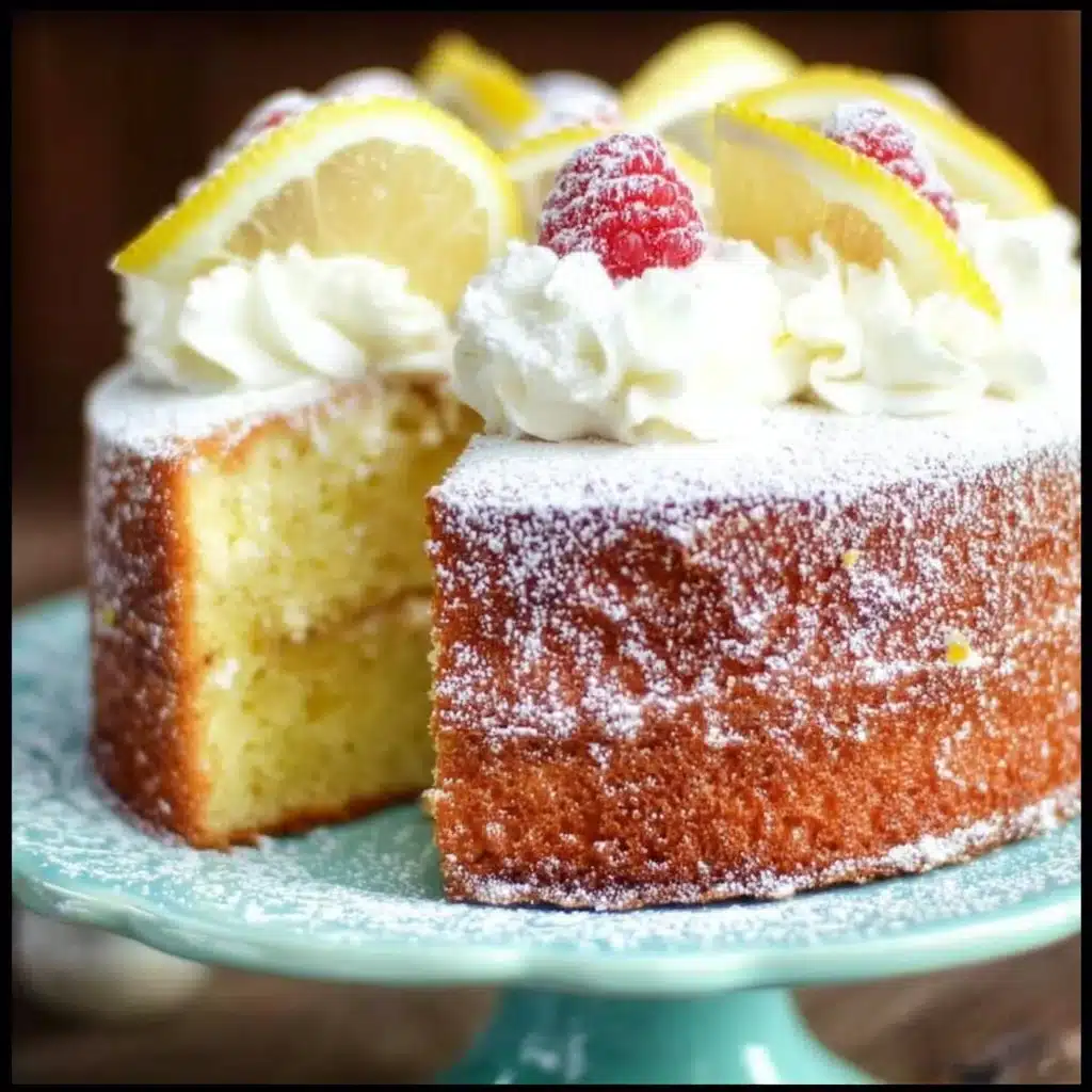 Delicious homemade lemon cake with icing and fresh lemon slices on top.